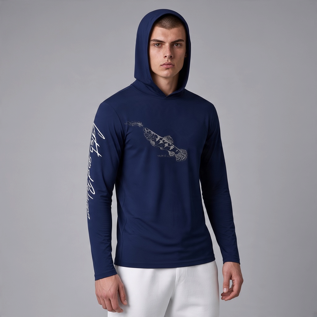 Camiseta Performance Masculina com Capuz Estampada e Proteção UV 50+ 100% Poliamida