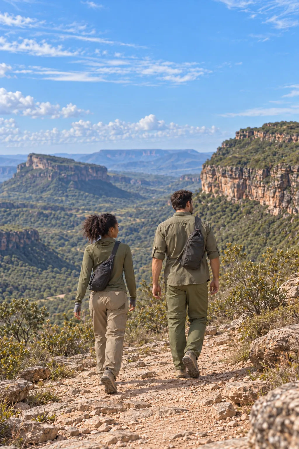 Trilha: casal com roupas Ballyhoo caminhando em uma paisagem de montanha