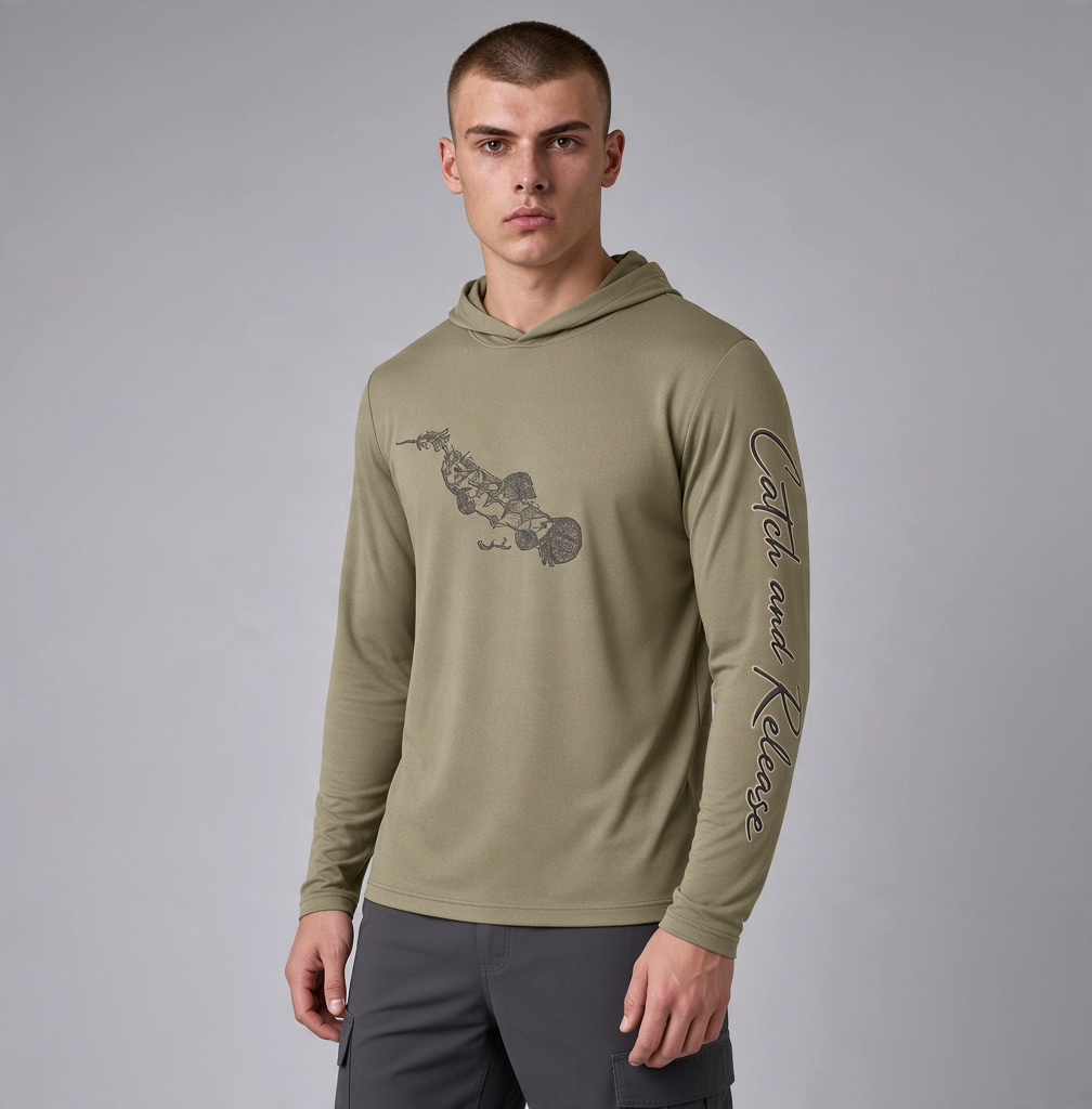 Camiseta Performance Masculina com Capuz Estampada e Proteção UV 50+ 100% Poliamida