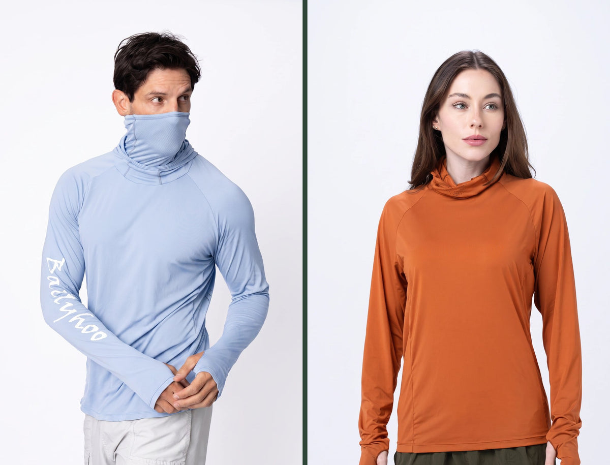 Camiseta Shadow Masculina azul água e Camiseta Térmica Feminina laranja – fotos de estúdio