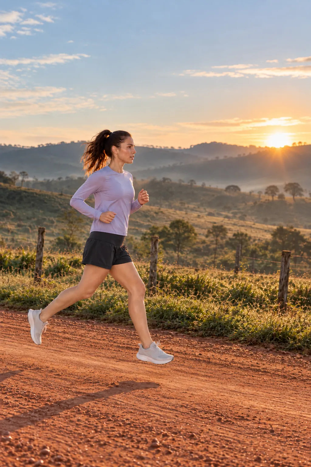 Corrida: mulher usando camiseta Catch Release lavanda e shorts preto
