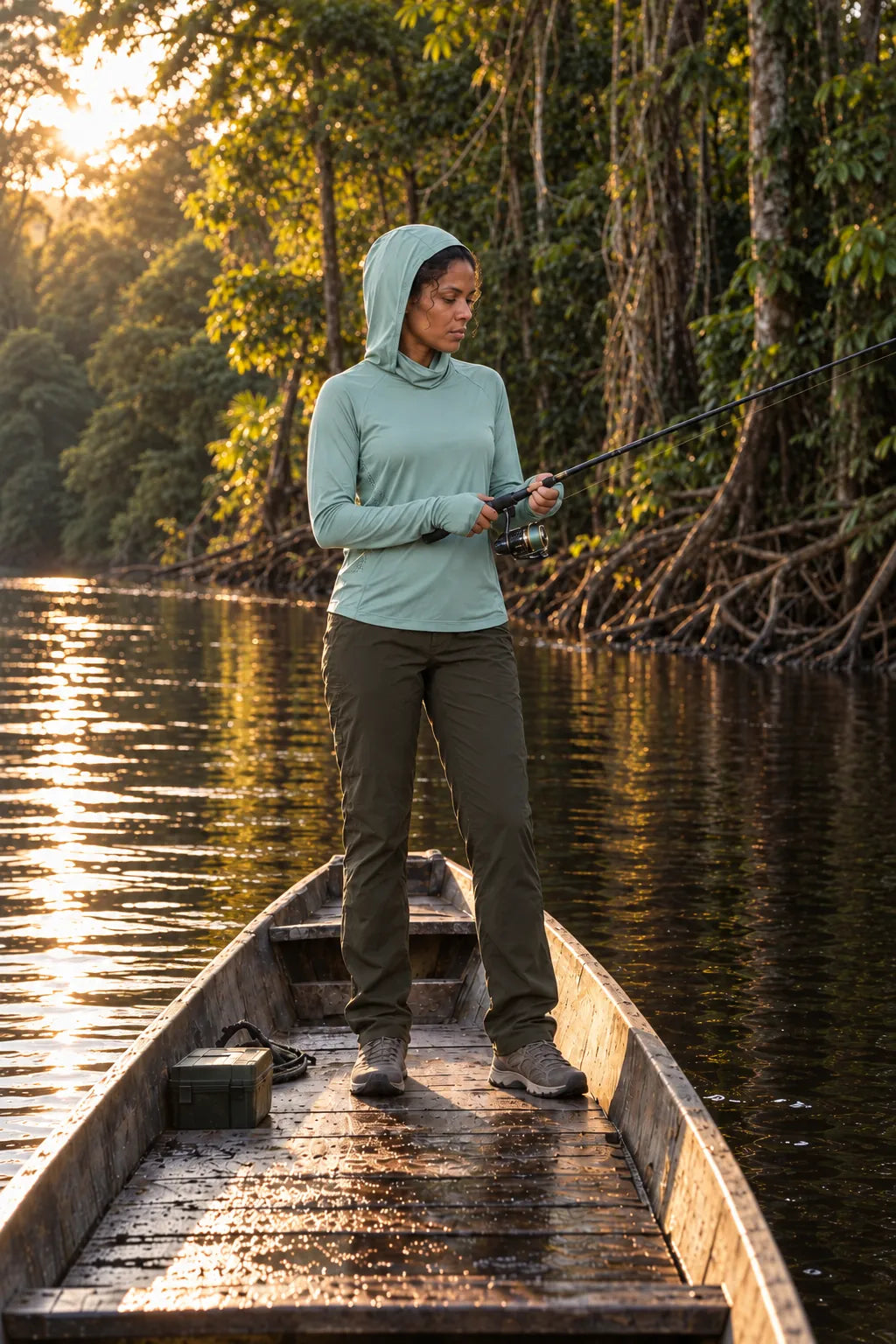 Mulher pesca de pé num barco de madeira, com a Camiseta Shadow Feminina e o capuz levantado.