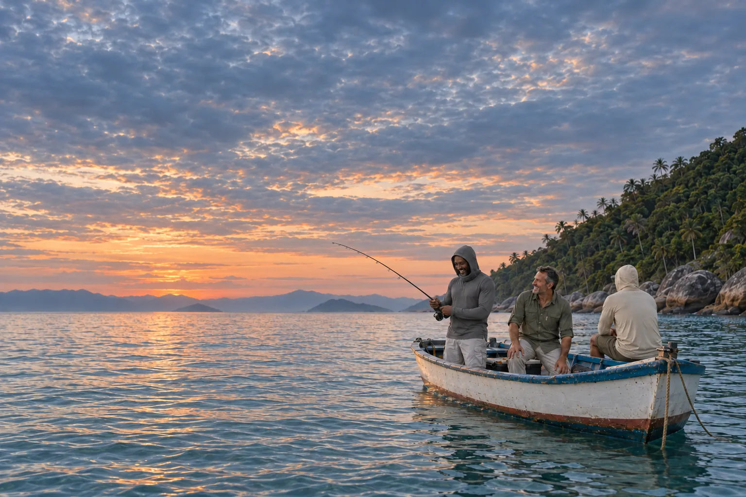 Três amigos num barco de pesca ao nascer do sol, vestindo peças Ballyhoo.
