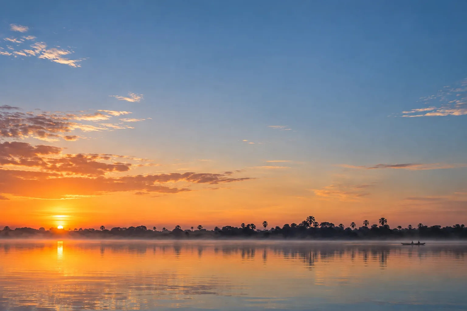 Amanhecer sobre um rio largo do Pantanal, com um pequeno barco de pesca ao longe.