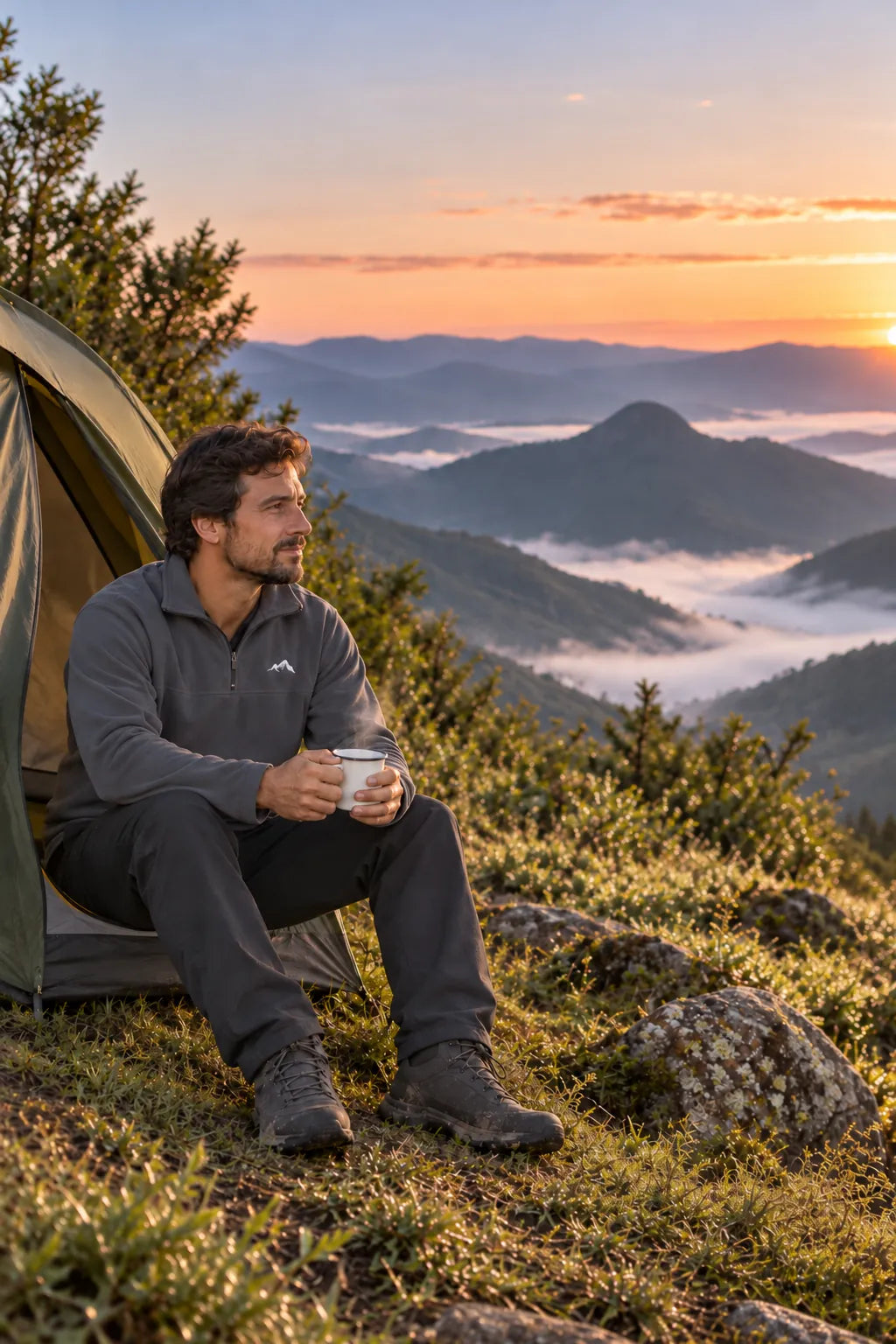 Homem sentado na entrada da barraca ao amanhecer frio na serra, com o Moletom Fleece cinza escuro e uma caneca quente.